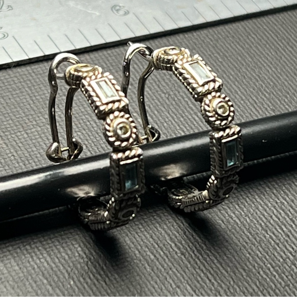 Judith Ripka Sterling Silver Blue Topaz Diamonique Pierced Hoop Earrings R2